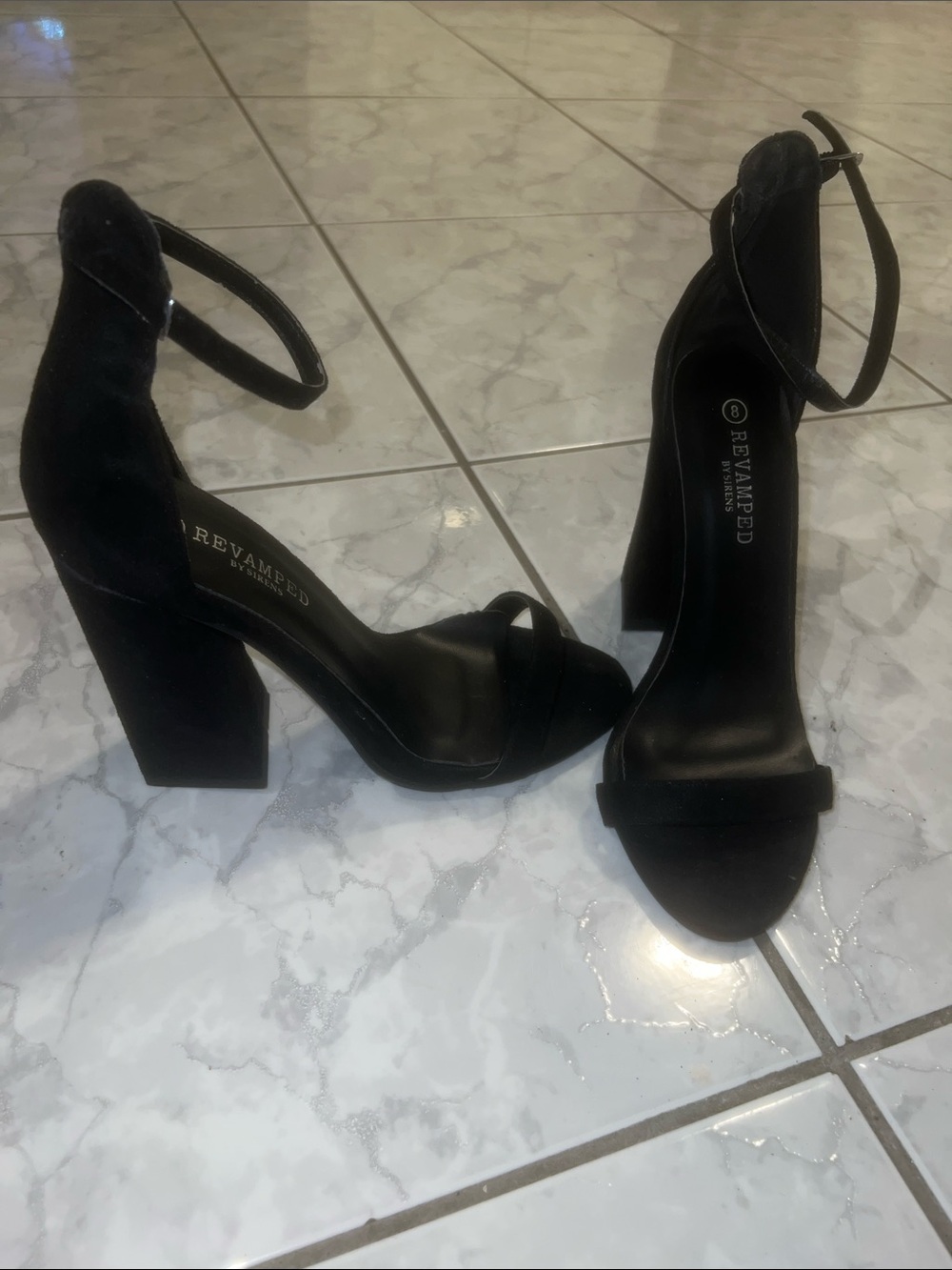 Revamped By Sirens Women's Black Suede Ankle-Strap Heels